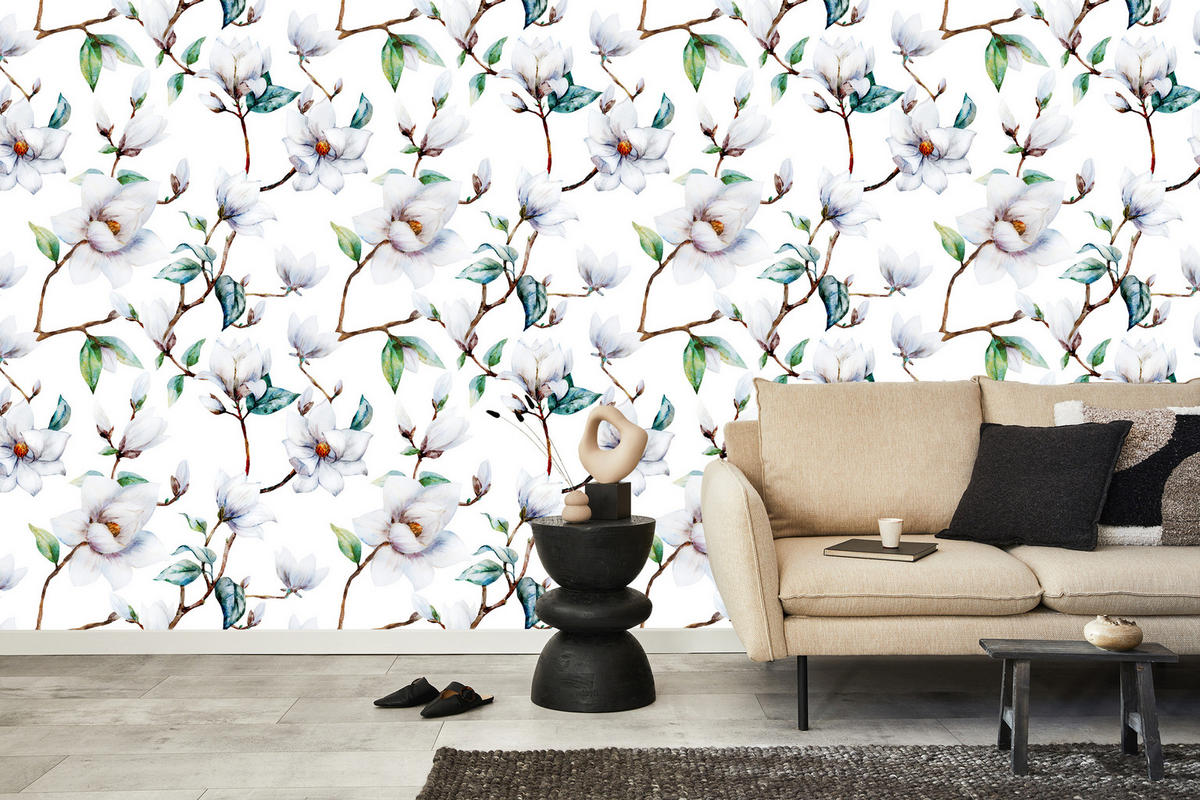 VLIESTAPETE Magnolienblüten – Weiß, Grün, Hellblau – 50x1000 cm - Weiß/Hellblau, Papier (50/1000cm) - Muralo