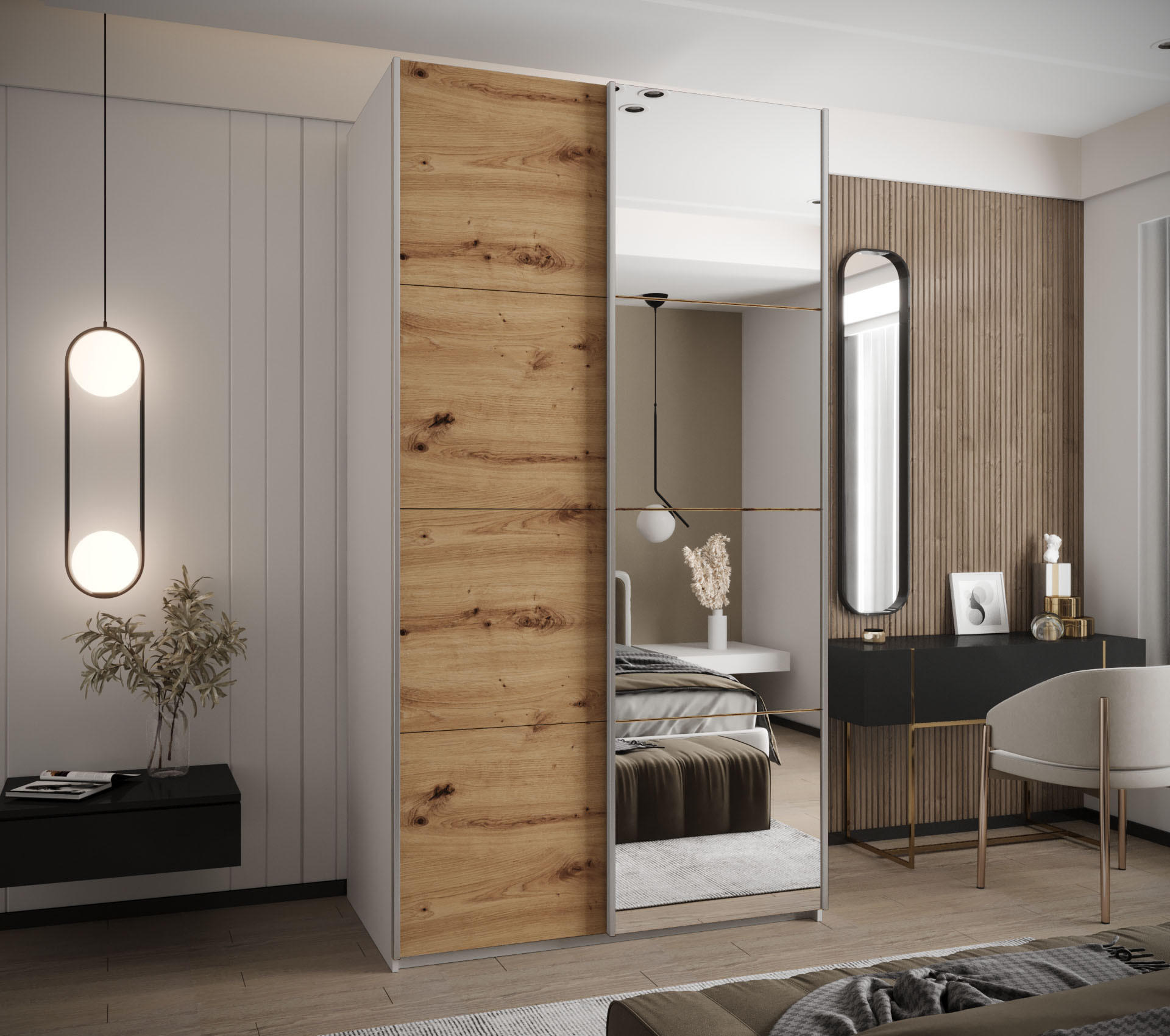 SCHWEBETÜRENSCHRANK 245,5/130/64 2-türig - Silberfarben/Weiß, Holz/Metall (130/245/64cm) - Abiks Möbel