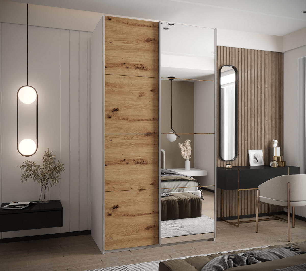 SCHWEBETÜRENSCHRANK 245,5/130/64 2-türig - Silberfarben/Weiß, Holz/Metall (130/245/64cm) - Abiks Möbel