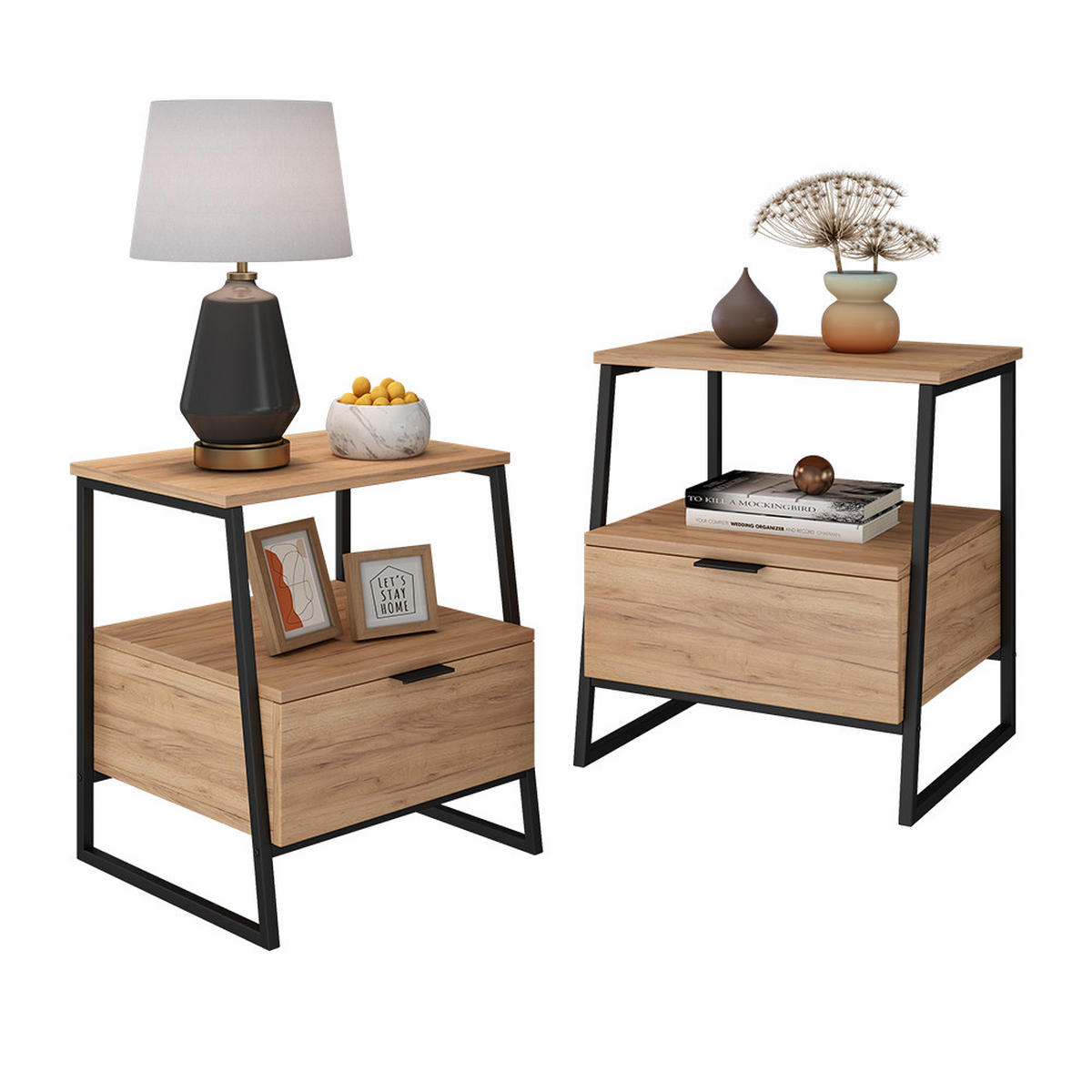 NACHTTISCH Lunor Goldkraft Eiche/Schwarz 2er Set - Eichefarben/Schwarz, Holzwerkstoff (45/50/40cm) - Vicco