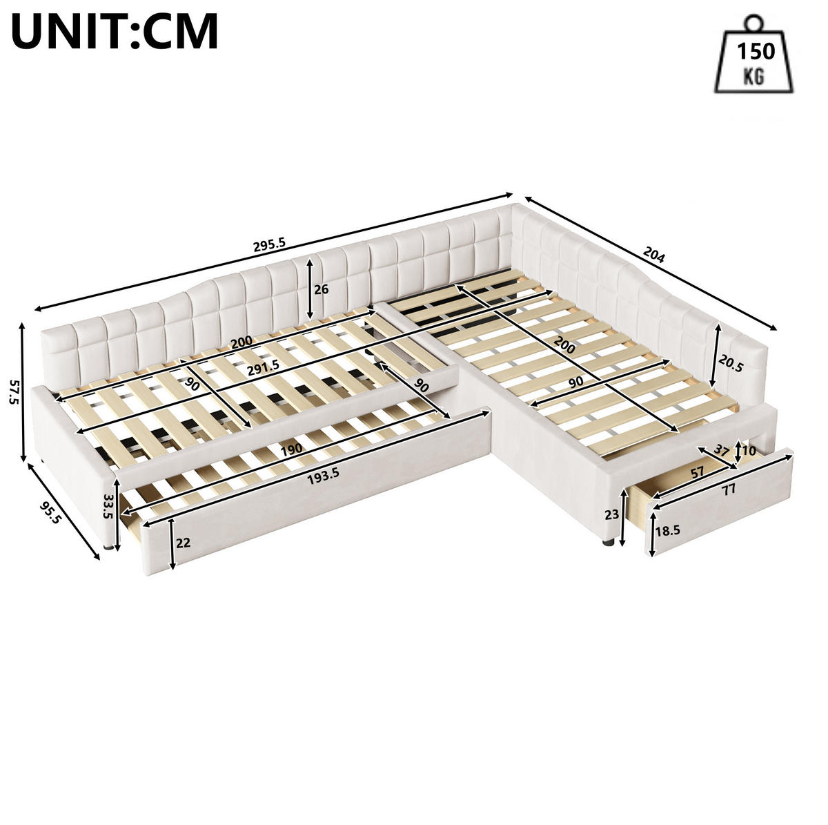 L-FÖRMIGES Polsterbett 90x200 cm in Beige mit Ausziehbett und Schubladen - Beige, Textil (90/200cm) - IVMEU