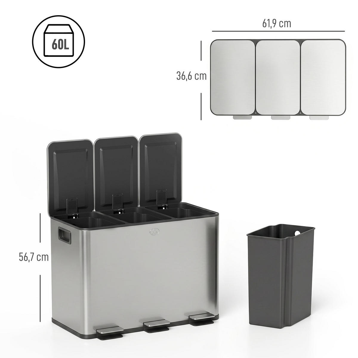 MÜLLEIMER 3 Fach 60L Edelstahl Treteimer Soft Close Silber 61,9/36,6/56,7 cm - Silberfarben, Metall (36.6/56.7/61.9cm) - Rolipo