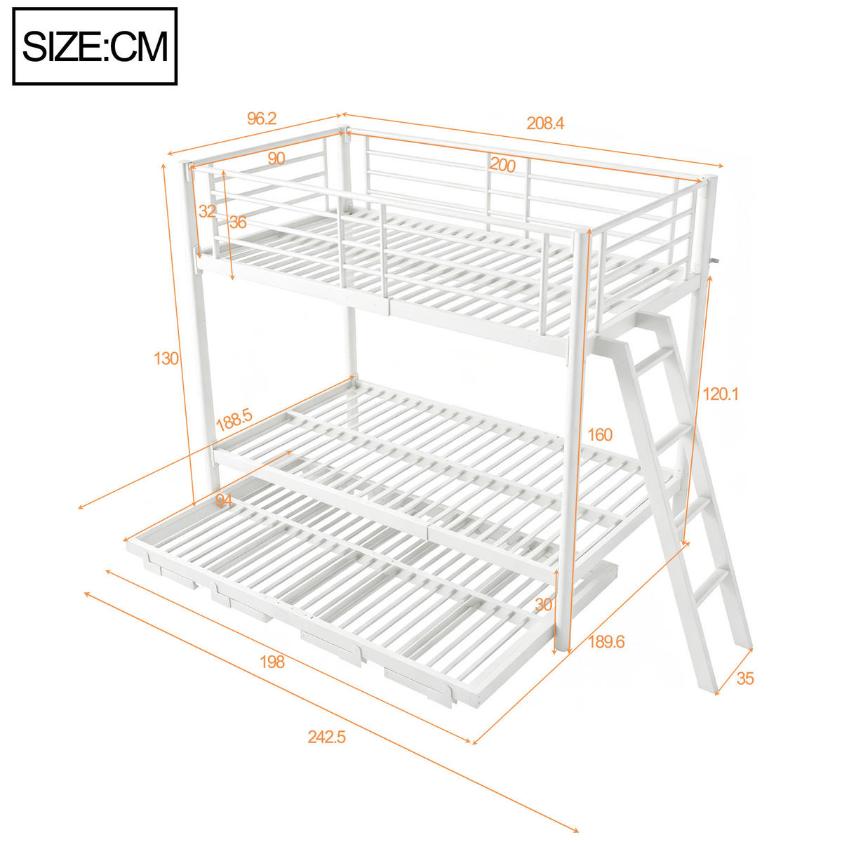 ETAGENBETT 90/200 cm mit Ausziehbett, DE-41598, in Weiß - Weiß, Metall (90/200cm) - ComfortXL