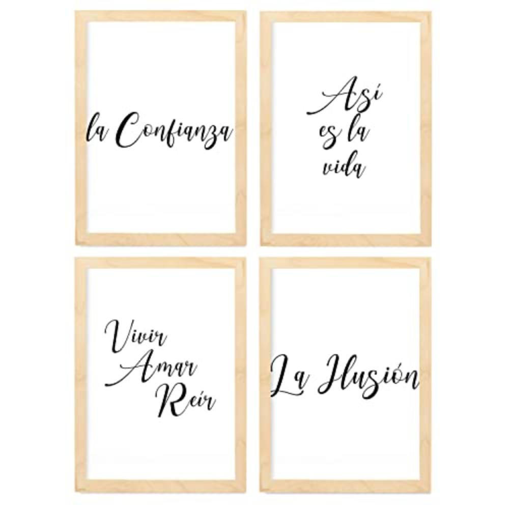 POSTER Set mit 4 Leben TypografieStil A4 Rahmen aus hellem Holz - Beige, Papier (29.7/3cm) - Nacnic