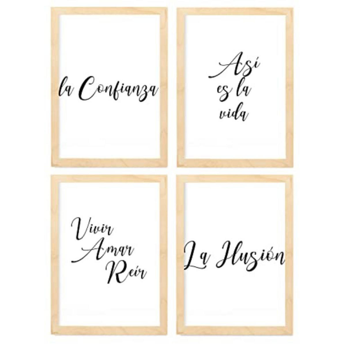 POSTER Set mit 4 Leben TypografieStil A3 Rahmen aus hellem Holz - Beige, Papier (29.7/3cm) - Nacnic