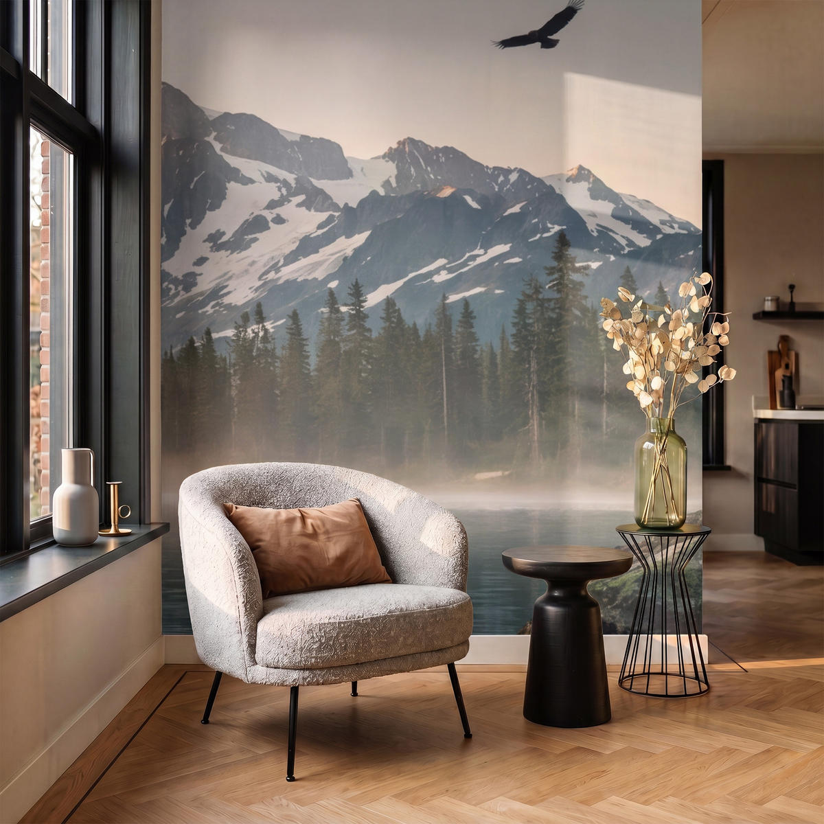 TAPETE - Berge - Wasser - Bäume - 160x200 cm - Multicolor, Papier (160/200cm) - OnlyWow
