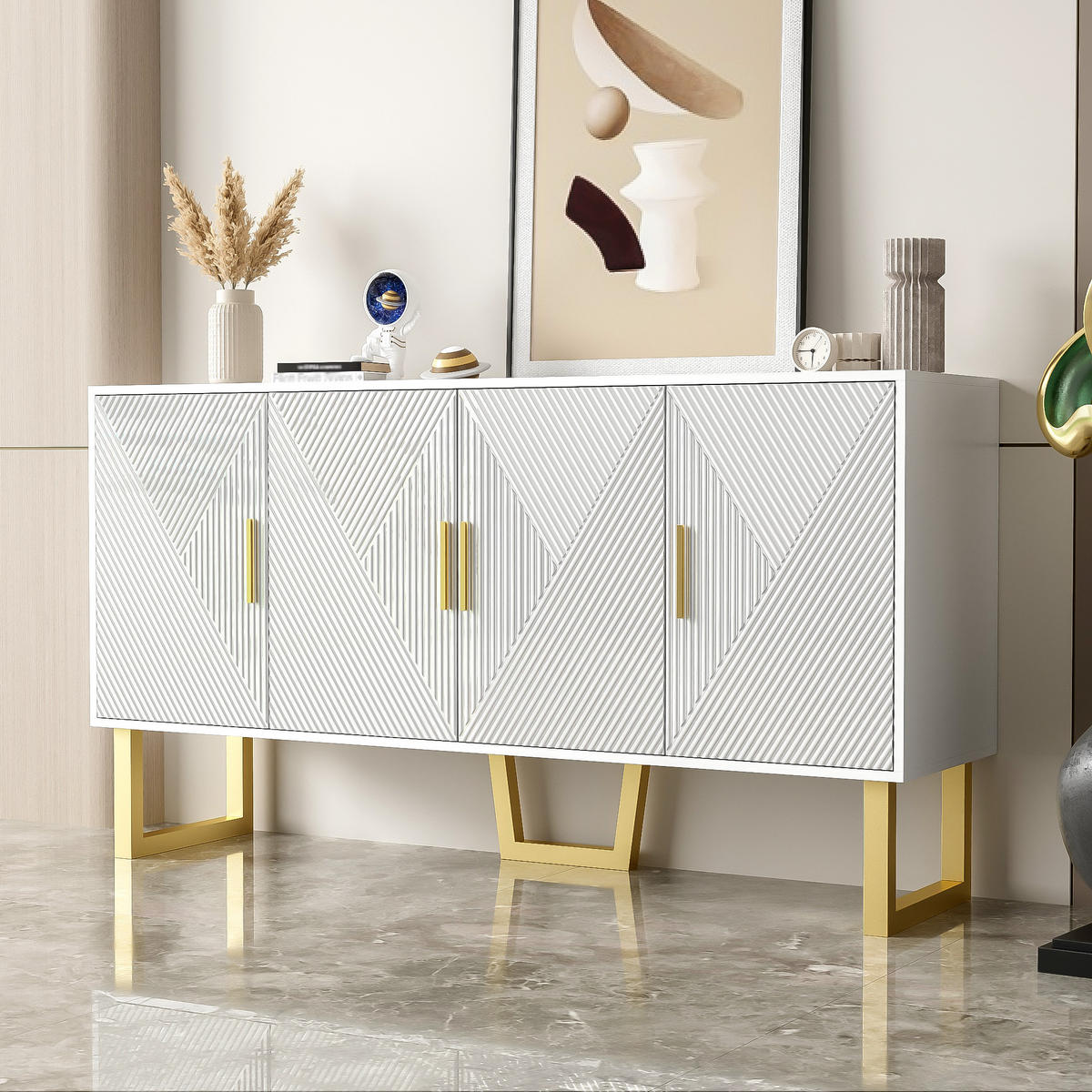 SIDEBOARD 150cm Modern Luxuriös Weiß Goldene Griffe 4 Türen - Weiß, Holzwerkstoff (40/82/150cm) - FLIEKS