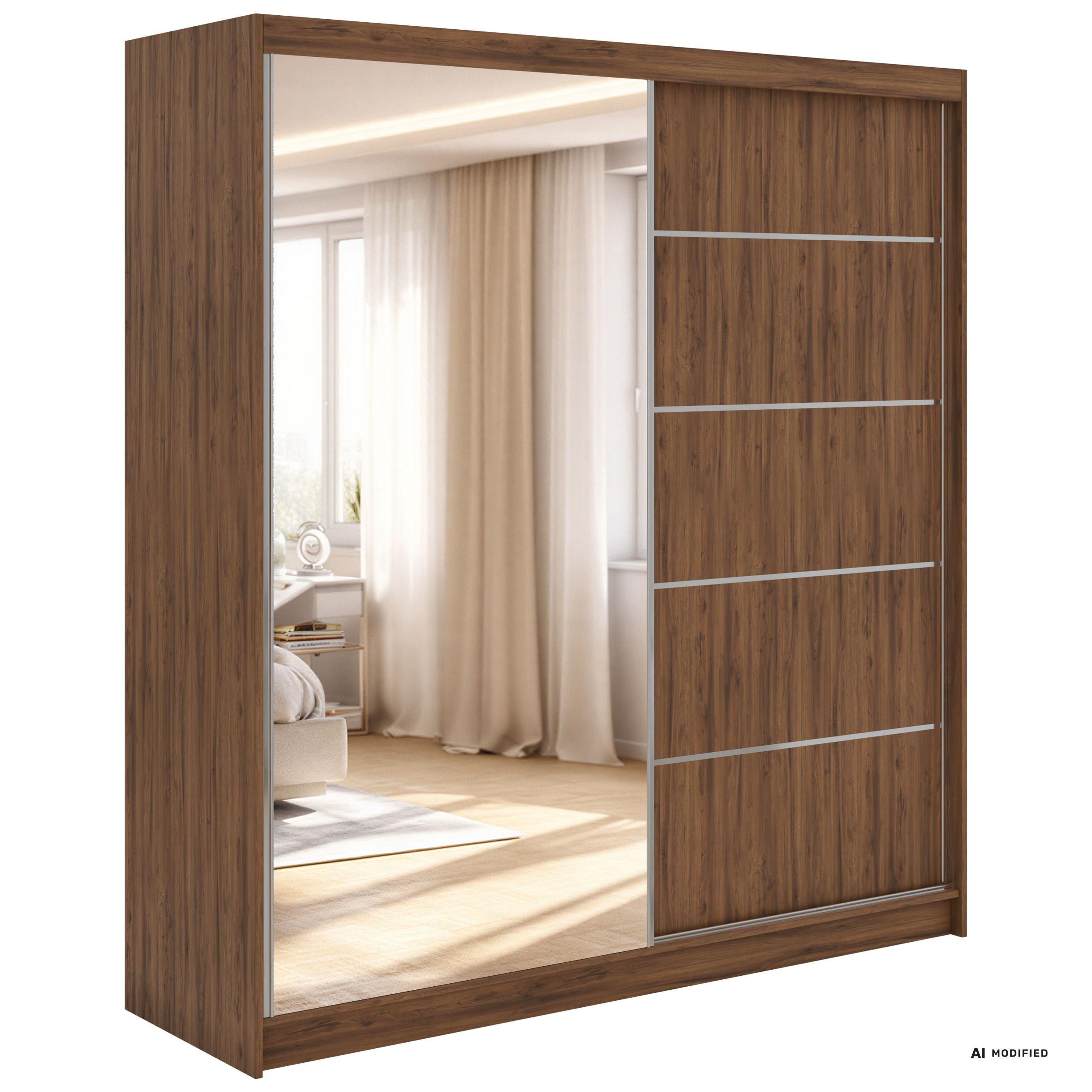 SCHWEBETÜRENSCHRANK 200 - SKORIA - Warmia Walnuss mit Spiegel - Walnussfarben/Alufarben, Holzwerkstoff/Metall (200/216/61cm) - MKS