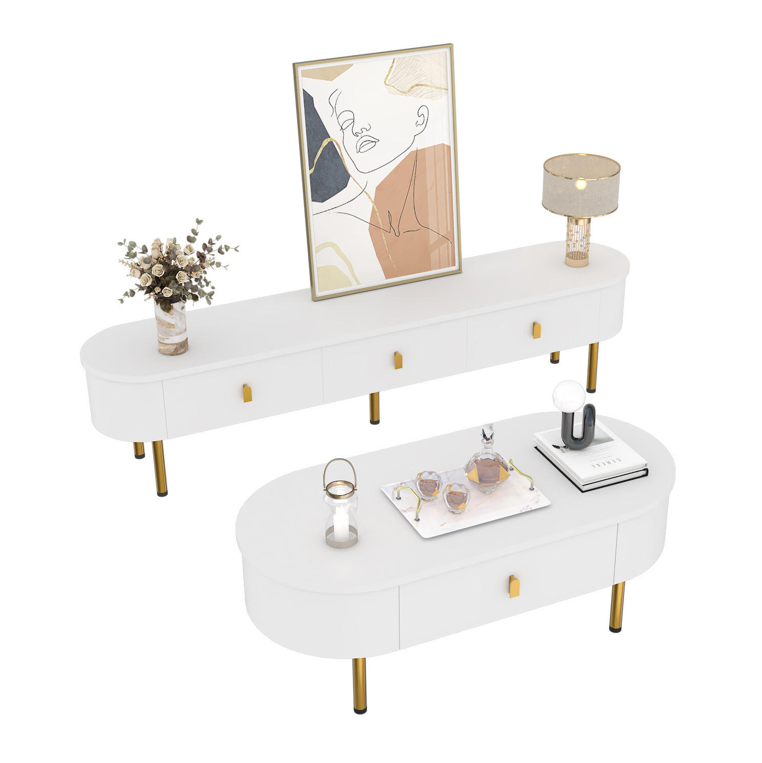 LOWBOARD 108/50/40 cm, 174/35/41 cm Weiß aus MDF mit Schubladen - Weiß, Holzwerkstoff (50/40/108cm) - OKMYHOME