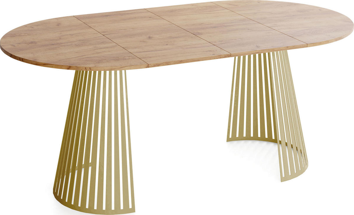 ESSTISCH Naro rund ausziehbar mit Goldenem Lamellen-Metallgestell, Braun 120-200/120/76 cm - Eiche Wotan/Goldfarben, Holzwerkstoff/Metall (120/120/76cm) - WFL GROUP