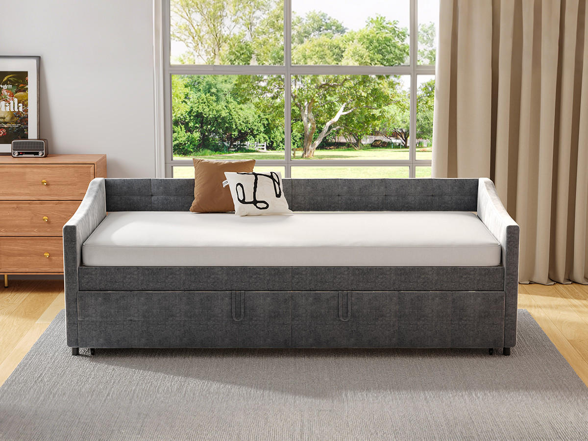 SCHLAFSOFA 90x200cm grau samt hydraulik seittaschen - Grau, Holzwerkstoff (90/200cm) - SHOPENTRA