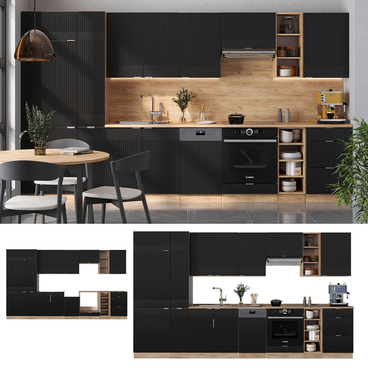 KÜCHENZEILE Fame-Line, Schwarz gestreift/Goldkraft Eiche, 355 cm ohne Arbeitsplatte - Honigeiche/Schwarz, Holzwerkstoff (355/81.6/46cm) - Vicco