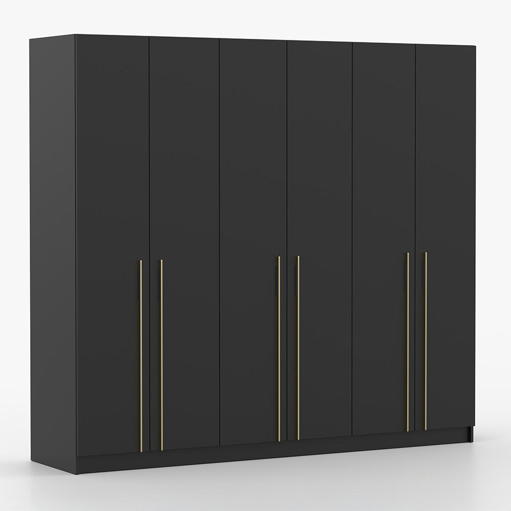 230/210/57 cm 6-türig Drehtürenschrank ROSA 6D Schwarz - Goldfarben/Schwarz, Holzwerkstoff/Metall (230/57/210cm) - imoebel24