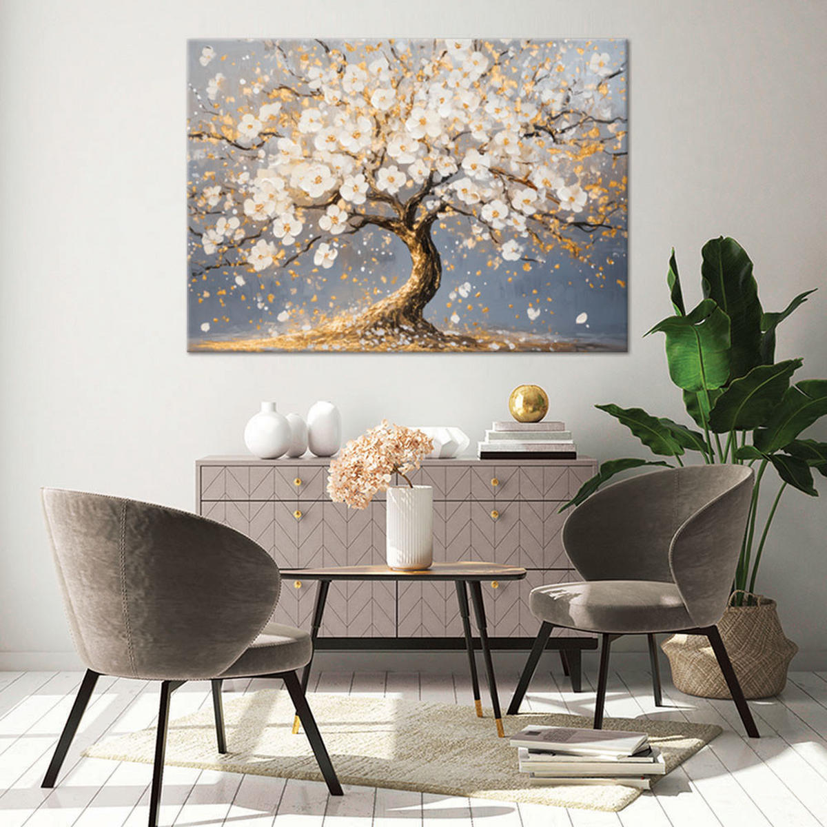 LEINWANDBILD Goldener Baum mit weißen Blumen 60x40cm - Weiß, Textil (60/40cm) - Feeby