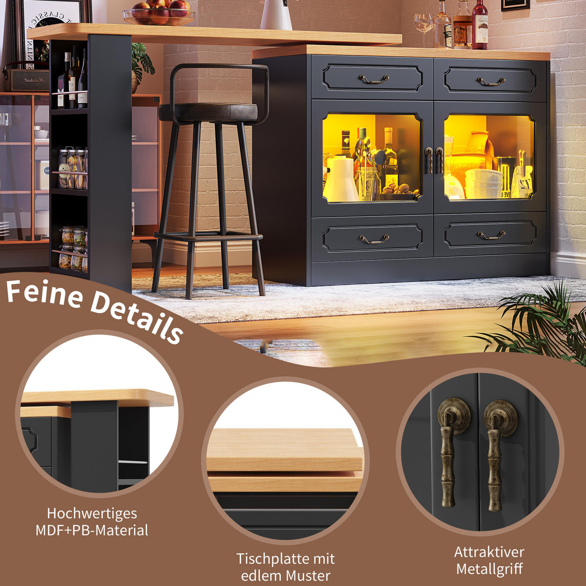 BARTISCH Ausziehbarer aus MDF mit 360° Drehplatte & LED, 135-203/39/92,8 cm, Schwarz - Schwarz, Holzwerkstoff (39/92.8/135cm) - Redom