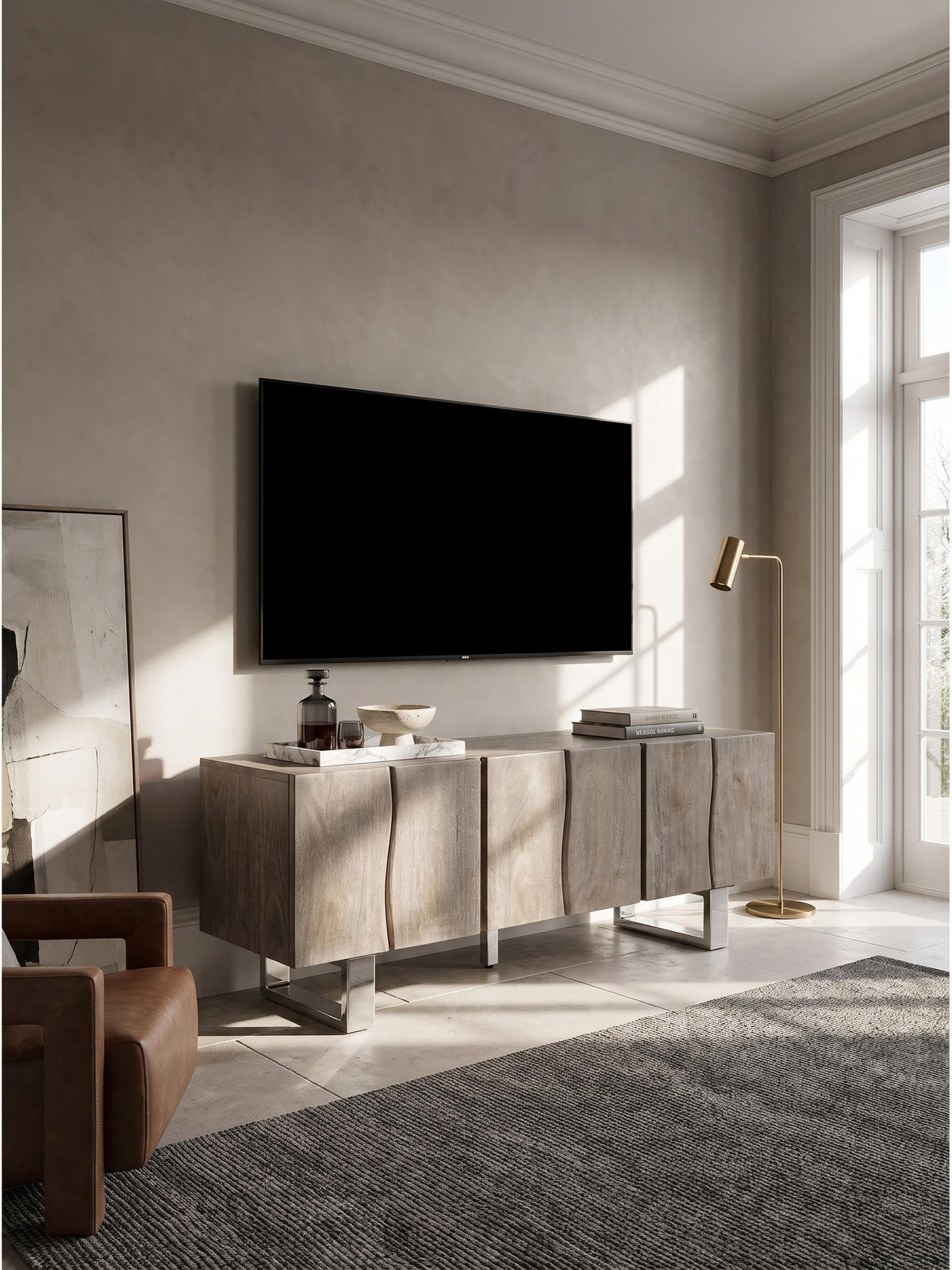 LOWBOARD GRIPSHOLM, Akazie Massivholz, handgefertigt, Akazie-Grau, 160 x 46 x 56 cm - Chromfarben/Grau, Holz/Metall (160/56/46cm) - KADIMA DESIGN