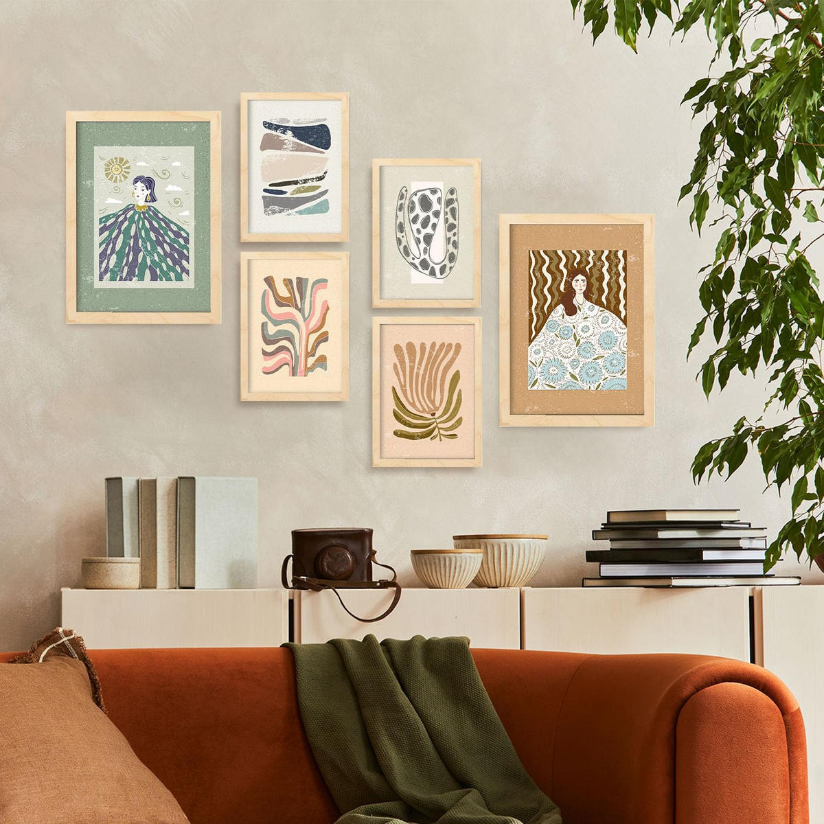 POSTER Set Mit 6 Drucken Von Mutter Natur In Ethnischer Dekorative Rahmen Für Ihr Wohnzimmer Zuhause Wandkunstdruck A3 & A4 Rahmen Aus Hellem Holz - Beige, Papier (29/3cm) - Nacnic