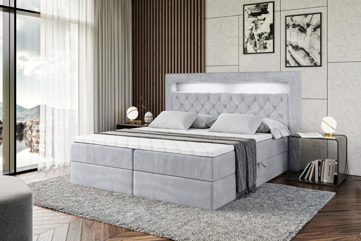 BOXBETT LED mit H3-Matratze und Lattenrost - NOEL GOLD - 160x200 Hellgrau - Hellgrau, Holzwerkstoff (160/200cm) - ALTDECOR