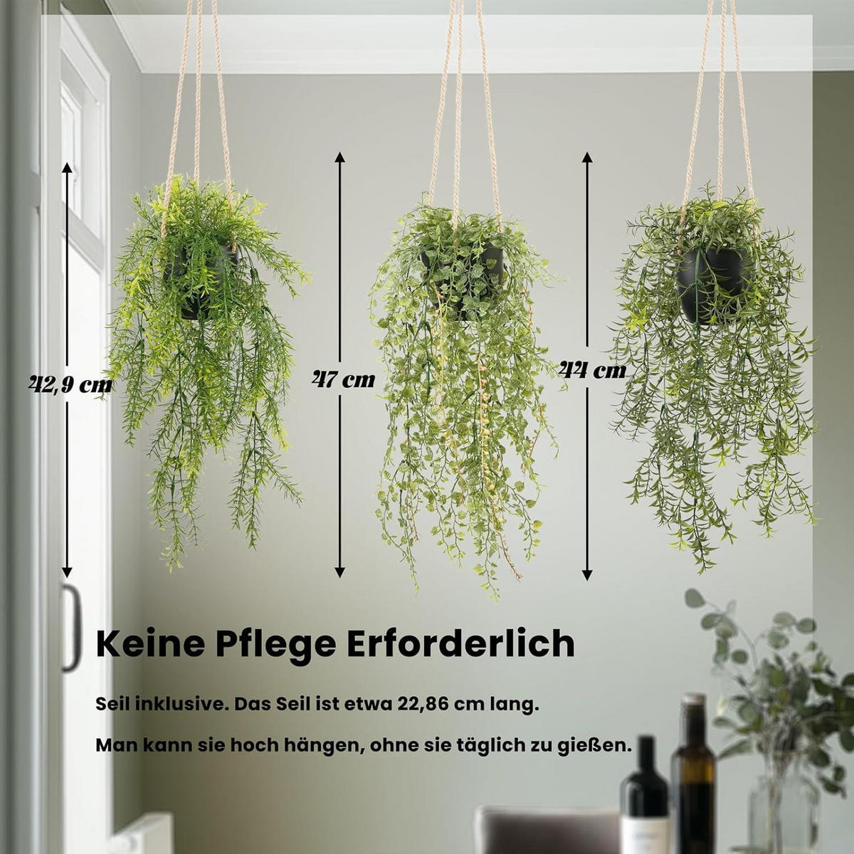 HÄNGEPFLANZE 3er Set künstlich schwarz 47 cm - Grün, Kunststoff (15cm)