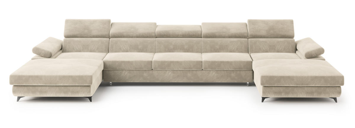 WOHNLANDSCHAFT VIVENTE Creme Velours-Stoff mit Schlaffunktion - Creme, Holz (410/89/190cm) - MASSENO