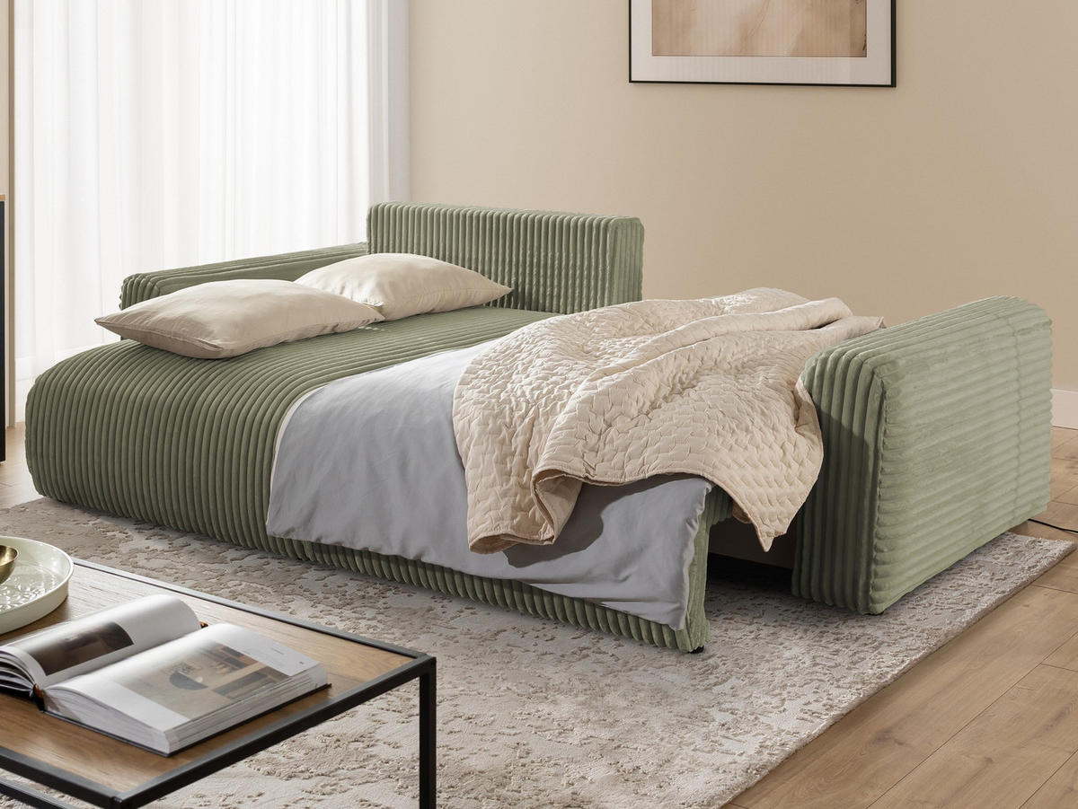ECKSOFA Calma mit Schlaffunktion und Bettkasten im Bumpy-Design aus weichem Olive Plüschcord - Ottomane links - Schwarz/Grün, Holz/Kunststoff (239/140cm) - S-Style