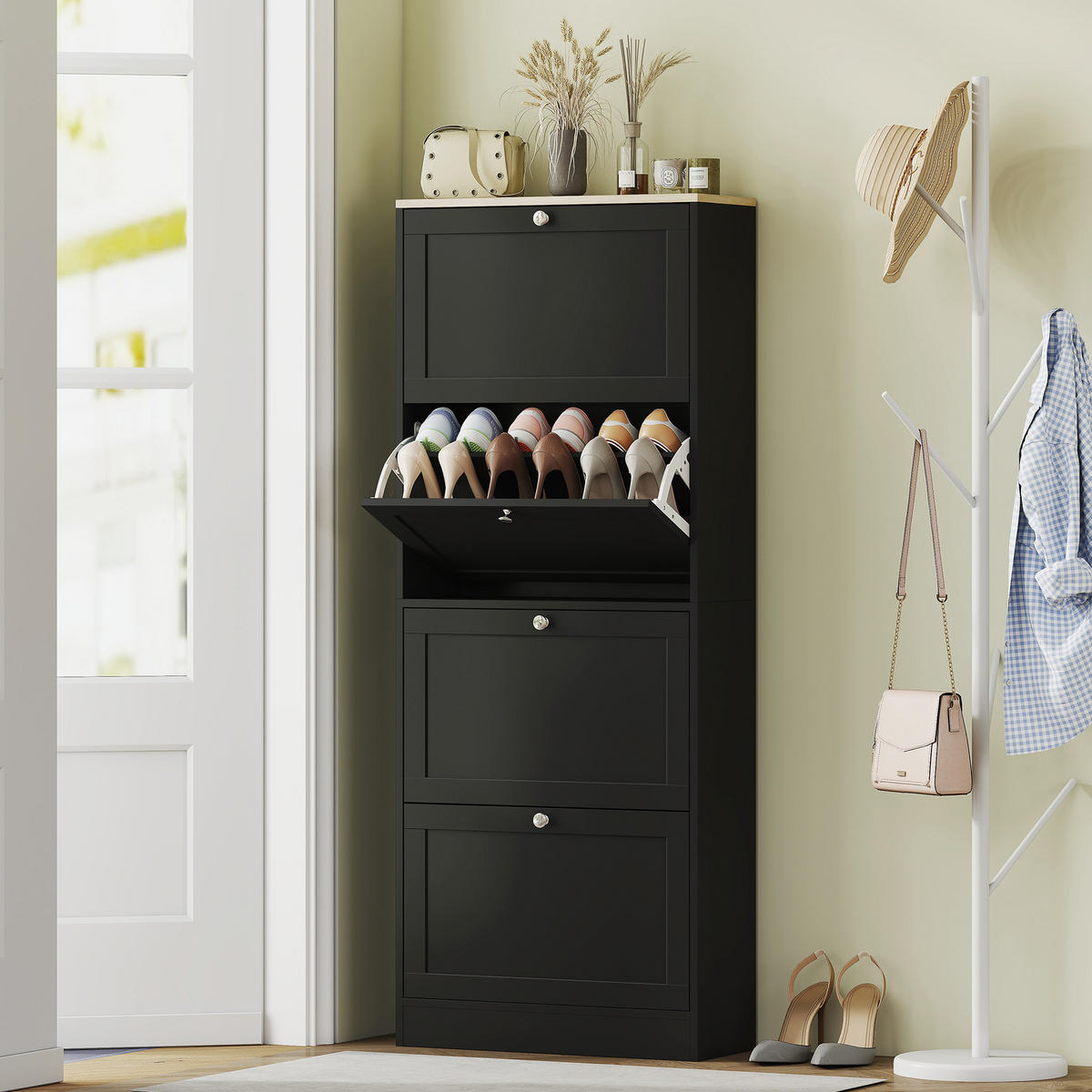 SCHUHSCHRANK Schwarz Holzwerkstoff mit 4 Klappen platzsparend 1 Stück - Schwarz, Holzwerkstoff (60/153.3/23.5cm) - PANGIVO