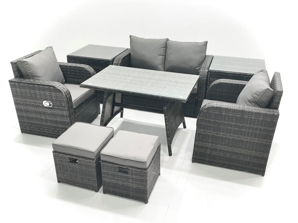 GARTENMÖBEL SET mit COUCHTISCH Polyrattan Dunkelgrau 6-Sitzer - Dunkelgrau/Grau, Glas/Kunststoff - Fimous