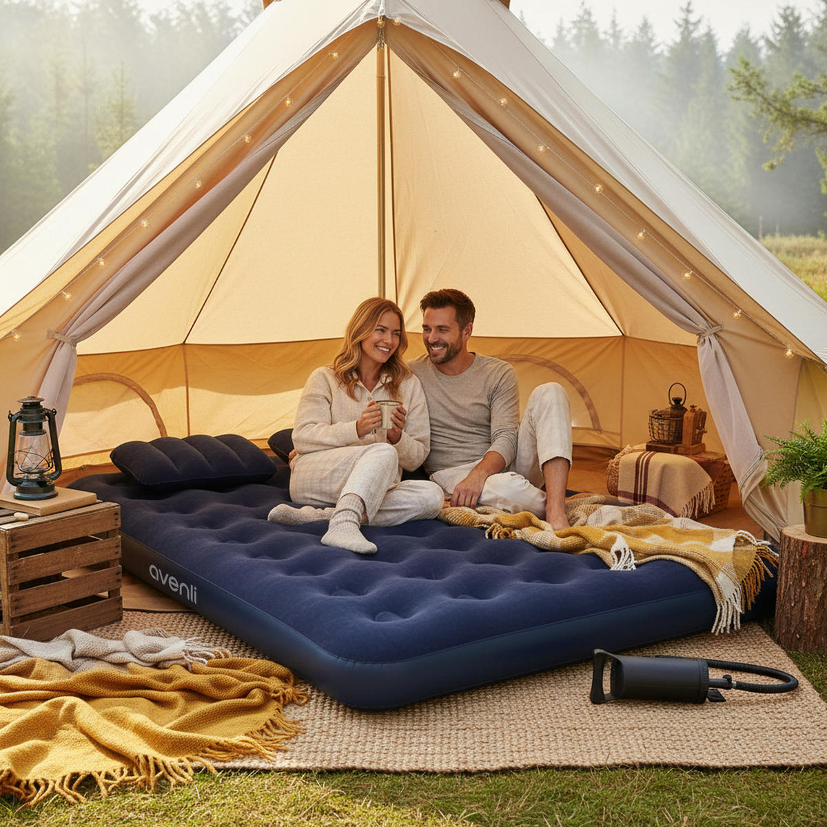 LUFTBETT Luftmatratze Camping 2 Personen 203x152x22cm blau 2 Kissen & Luftpumpe - Blau, Kunststoff (152/203cm) - Avenli