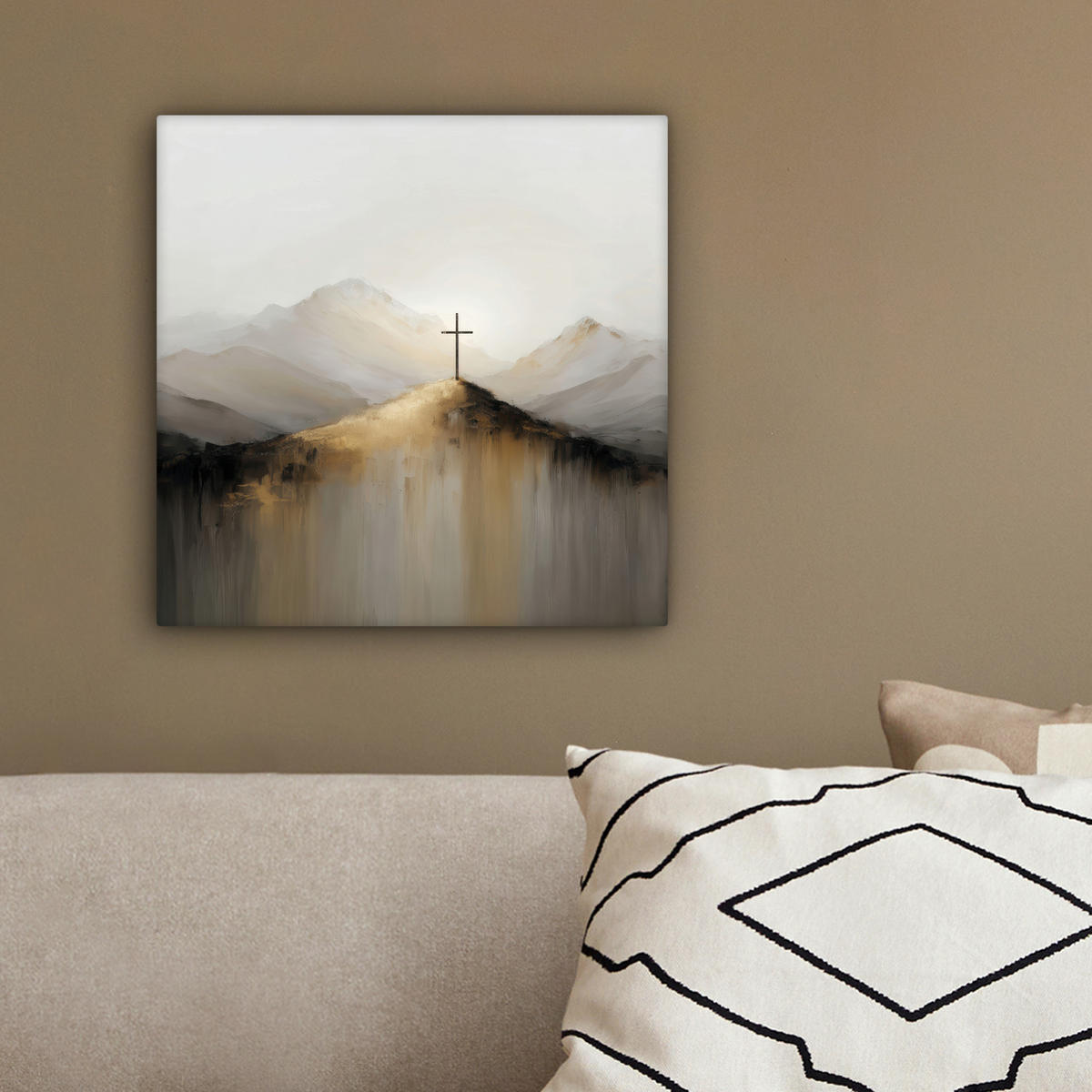 LEINWANDBILD Hügel - Abstrakt - Kreuz - Christentum Deko Wohnzimmer 20x20 cm - Beige, Textil (20/20cm) - MuchoWow