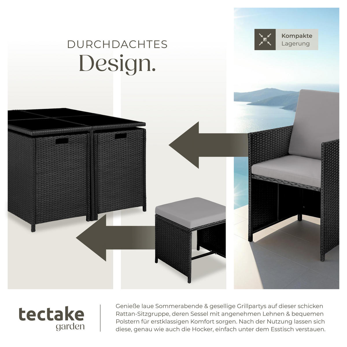 RATTAN SITZGRUPPE Bilbao,zusammenschiebbar, inklusive Schutzhülle,schwarz/grau - Schwarz/Grau, Kunststoff - tectake