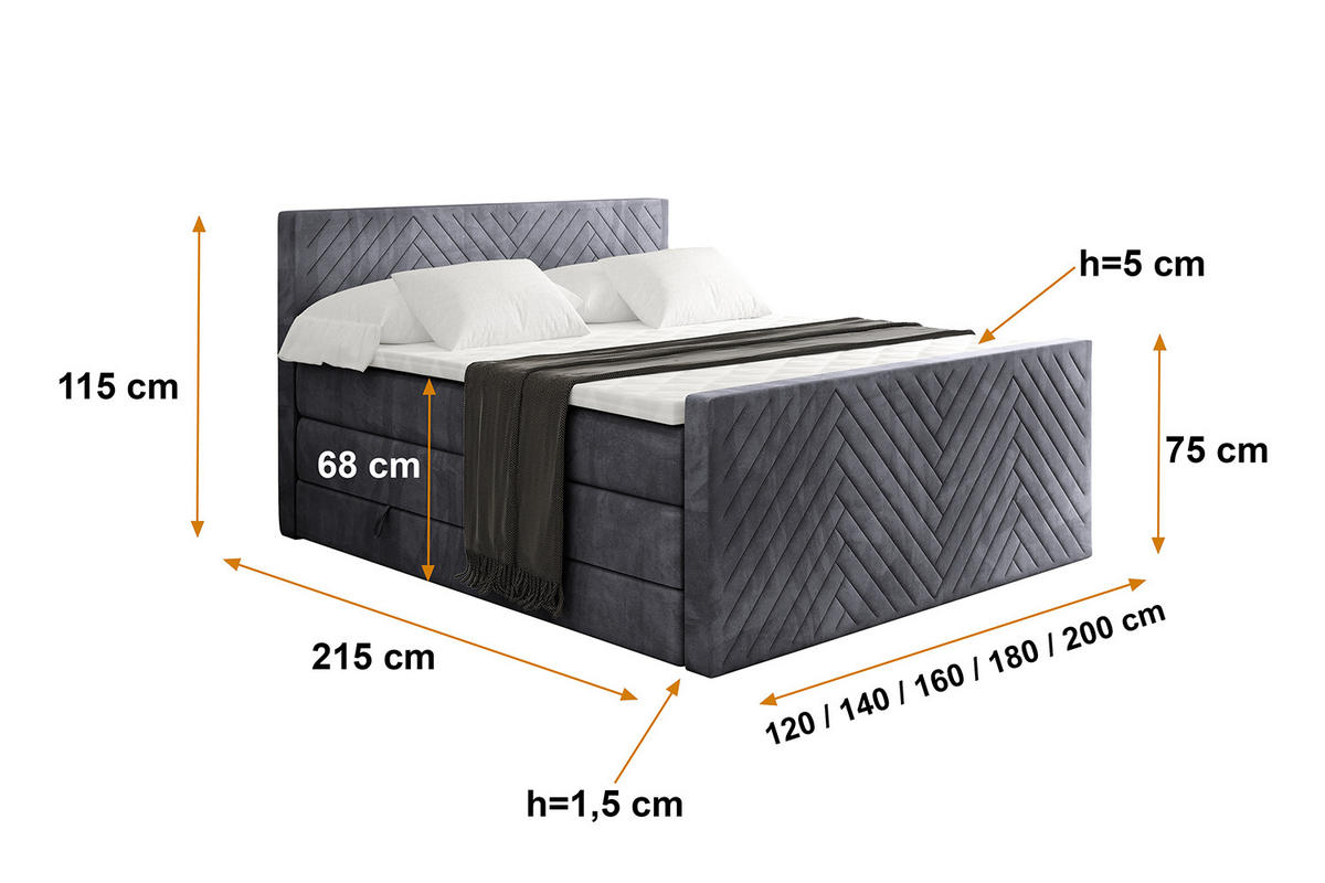BOXSPRINGBETT mit Matratze und Lattenrost - VEXA-Z KING-160x200 - Dunkelgrau Casablanca - Dunkelgrau, Holzwerkstoff (160/200cm) - ALTDECOR