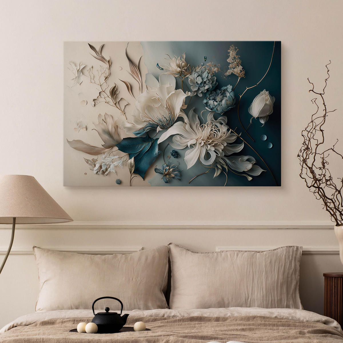 LEINWANDBILD Abstrakte Blumen Pflanzen 3D Effekt 120x80cm - Blau/Beige, Textil (120/80cm) - Muralo