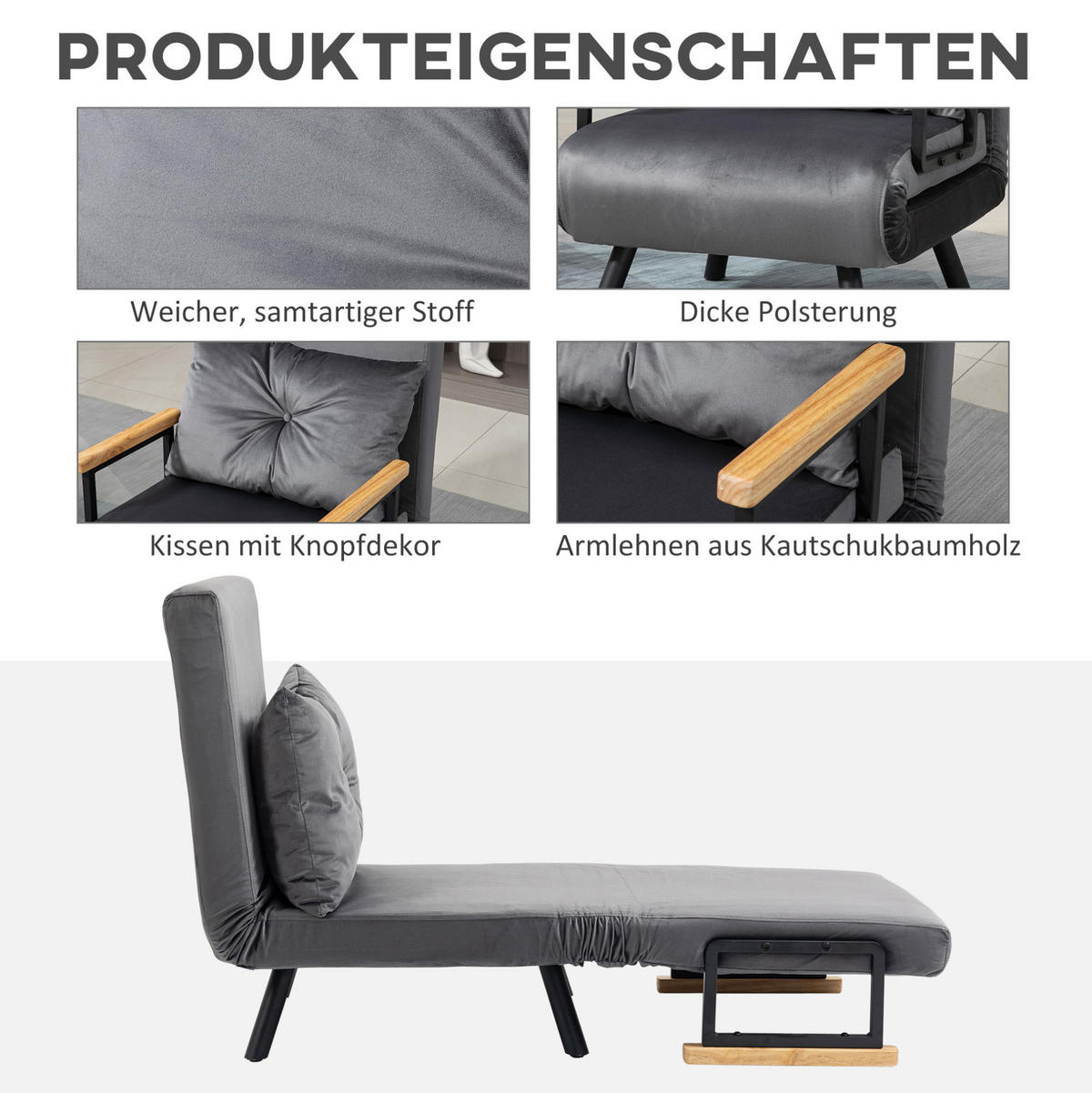SCHLAFSESSEL 63/73/81 cm in Dunkelgrau mit Bettfunktion und verstellbarer Rückenlehne - Dunkelgrau, Metall (73/81/63cm) - Flora Grace