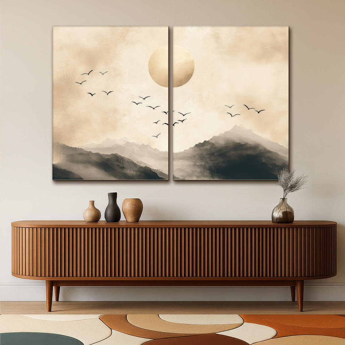LEINWANDBILD 2er Set Landschaft - Japandi - Beige - Vögel 180x120 cm - Beige, Textil (180/120cm) - MuchoWow