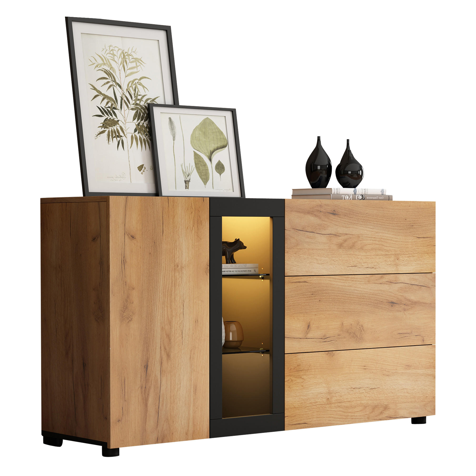 SIDEBOARD i brun med 3 l&aring;dor f&ouml;r matrum och vardagsrum, B140/D40/H80cm Brun, Svart 80/140/40 cm
