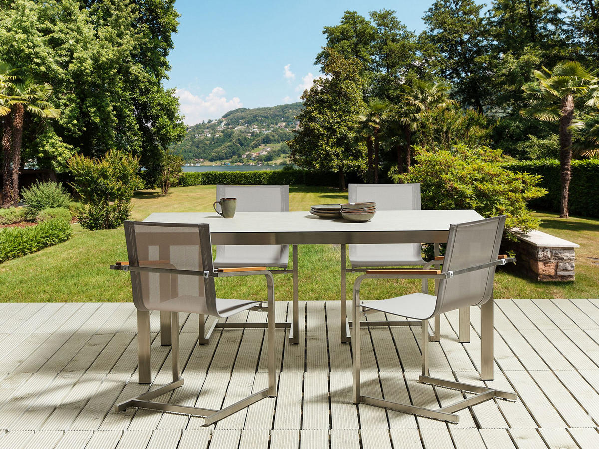 GARTENMÖBEL SET 4-Sitzer Keramik-Glas weiß Textil beige Cosoleto - Beige/Silberfarben, Glas - Beliani