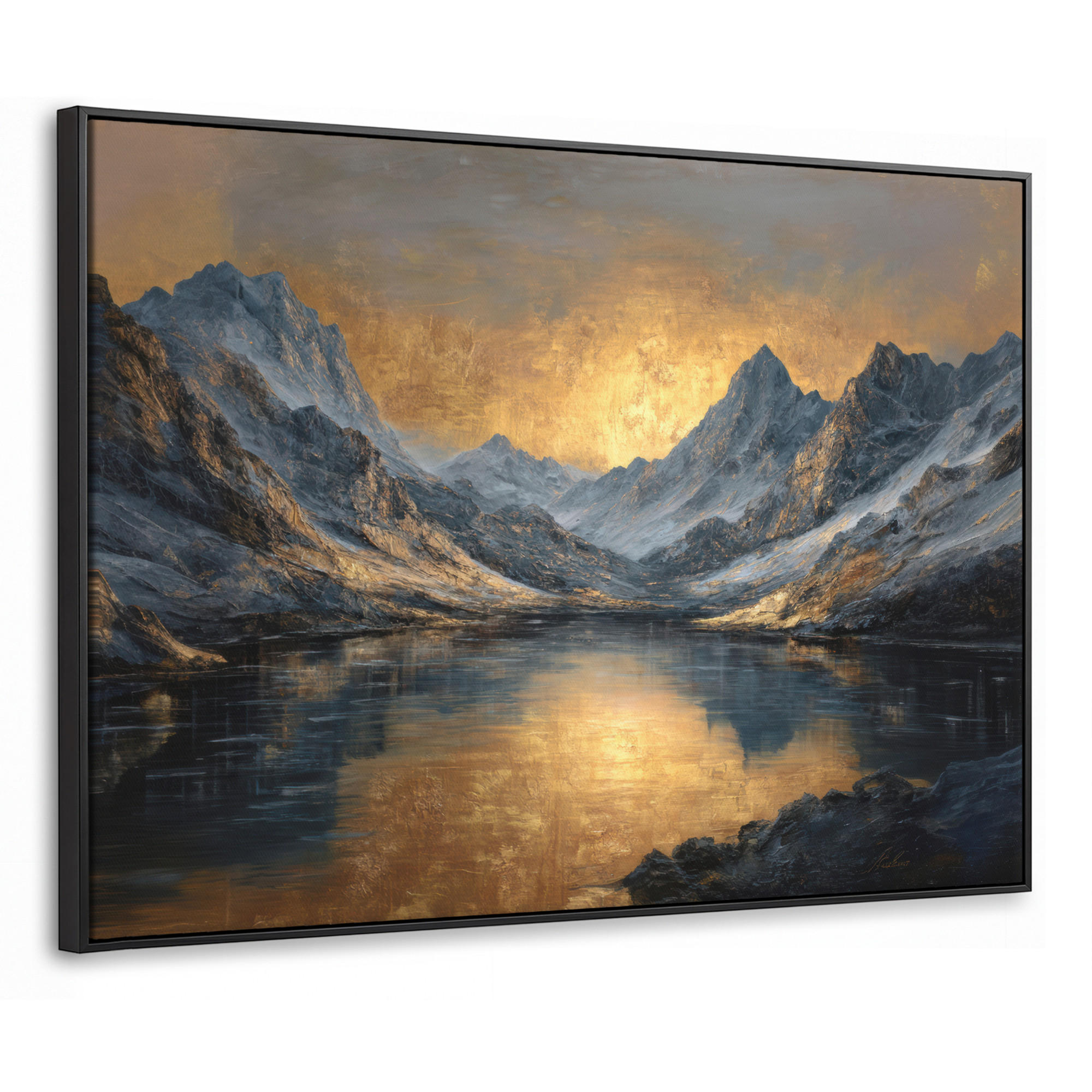 LEINWAND Bilder mit Rahmen - Bergkulisse mit goldenem Sonnenuntergang - 70x50 - Goldfarben, Textil (70/50cm) - MuchoWow