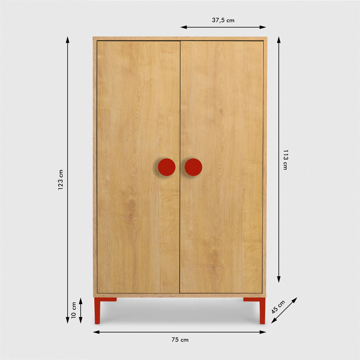 KLEIDERSCHRANK mit 2 Türen, Eichenholzoptik mit roten Details ALVA KIDS - Rot/Eiche Artisan, Holzwerkstoff (75/123/45cm) - RNT By Really Nice Things