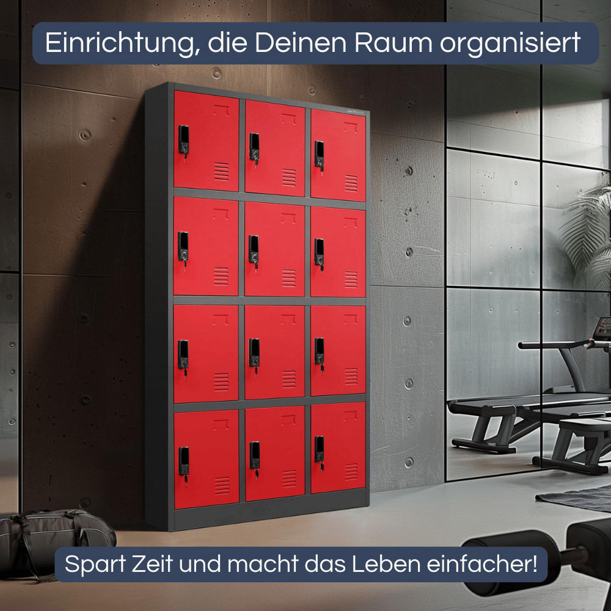 SCHLIESSFACHSCHRANK Spind BERN 12 Fächer185x90x40cm Anthrazit-Rot - Anthrazit, Metall (90/185/40cm) - DELUKE