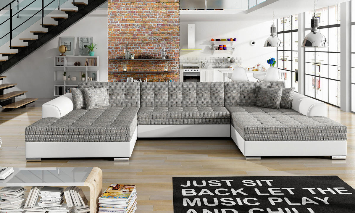 WOHNLANDSCHAFT VENTO U-Form – Großzügiges Ecksofa mit Schlaffunktion & Kissen 359 cm - Grau, Kunststoff (359/78/165cm) - Wohnideebilder