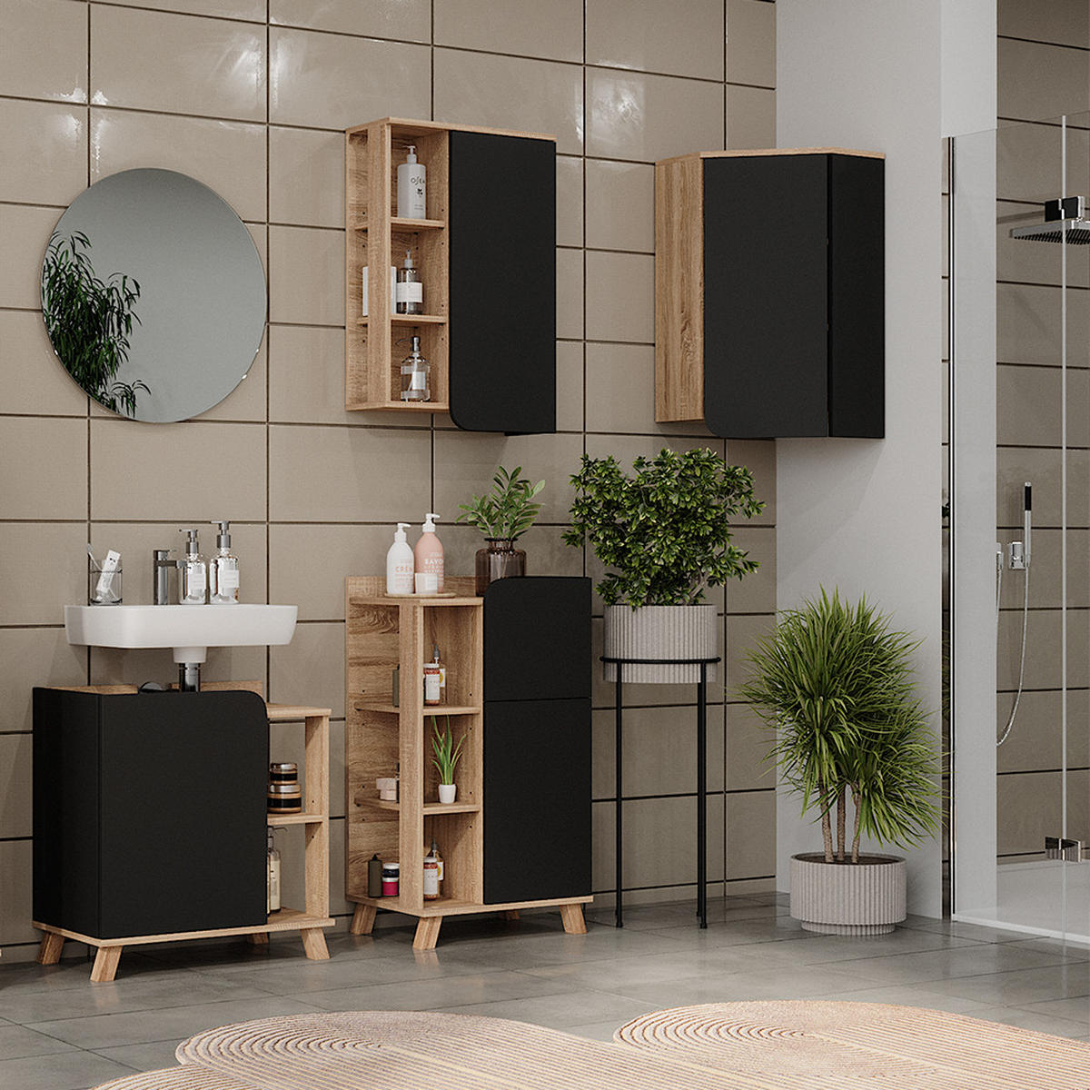 ECKHÄNGESCHRANK Karen Anthrazit 50 x 75 cm mit Tür und offenen Fächern - Anthrazit/Sonoma Eiche, Holzwerkstoff (42.4/75/42.4cm) - Vicco
