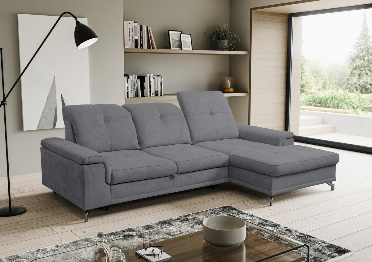 ECKSOFA PANAMA mit Schlaffunktion und Bettkasten, Farbe: Dunkelgrau, Velourstoff, Ottomane Rechts - Dunkelgrau, Textil (270/180cm) - VENASI MÖBEL