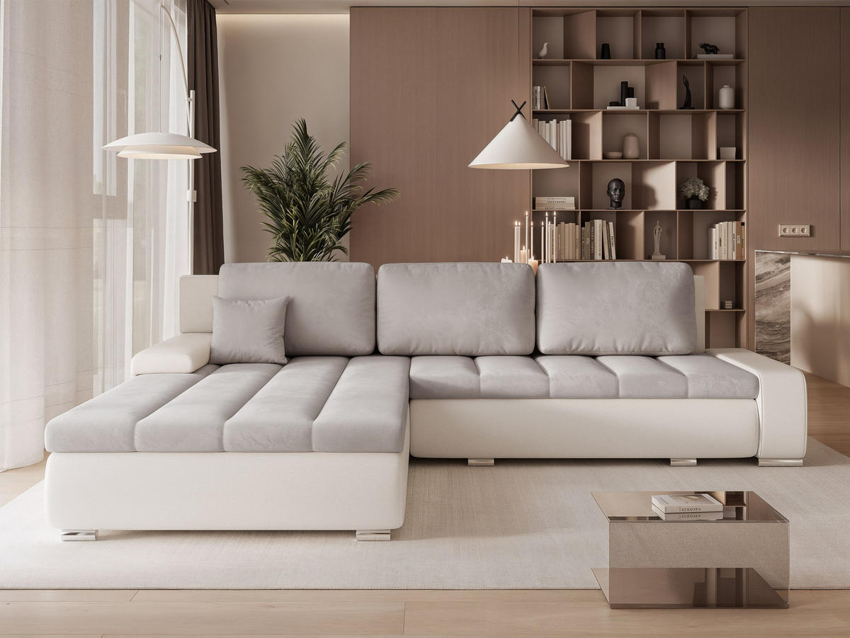 ECKSOFA VELANO mit Schlaffunktion und Bettkasten Creme/Hellgrau - Hellgrau, Holzwerkstoff/Kunststoff (250/90cm) - Idohome