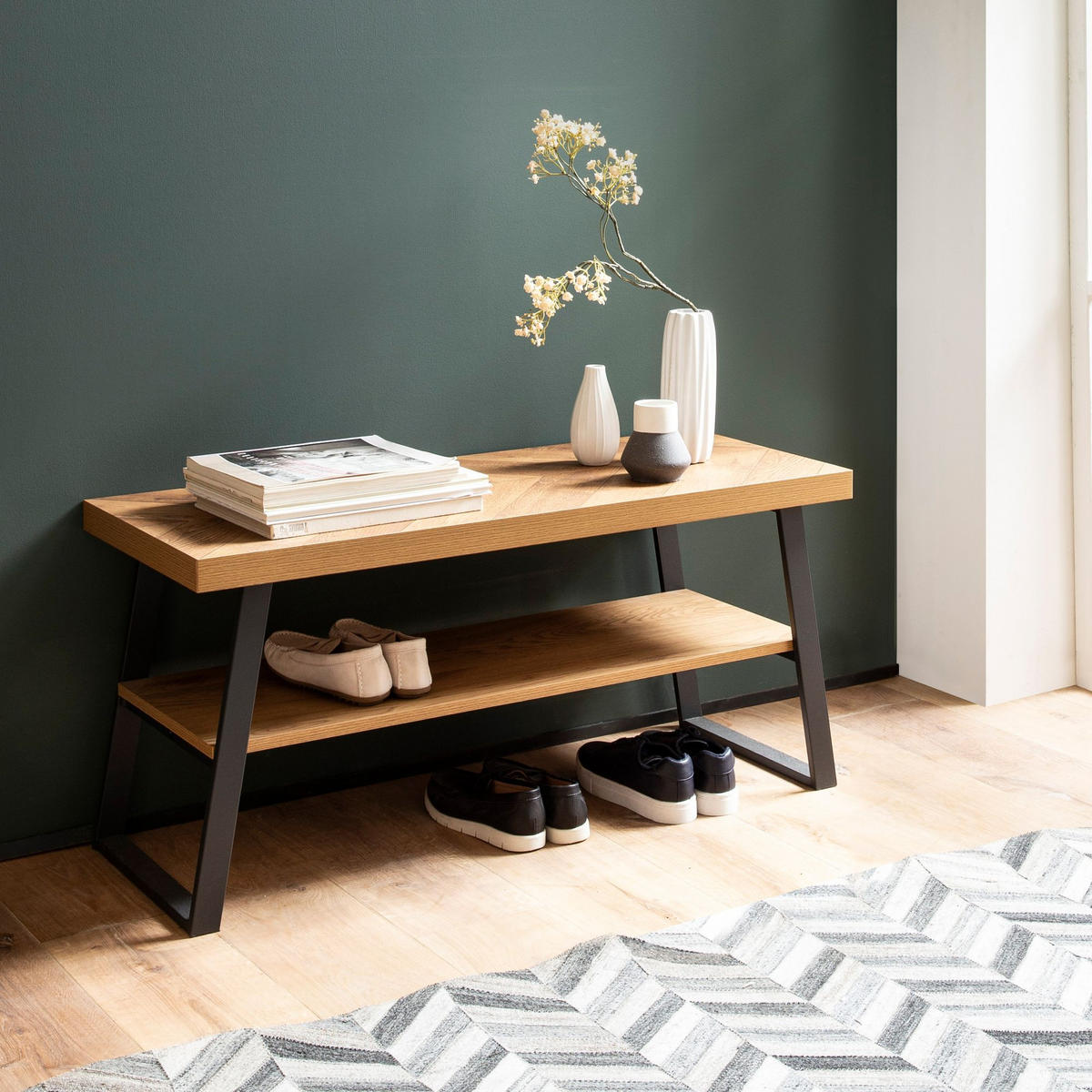 SCHUHBANK – 100x41x40 cm, Eiche-Dekor, Fischgrät, mit Ablage - Schwarz/Braun, Holz/Holzwerkstoff (100/41/40cm) - KADIMA DESIGN