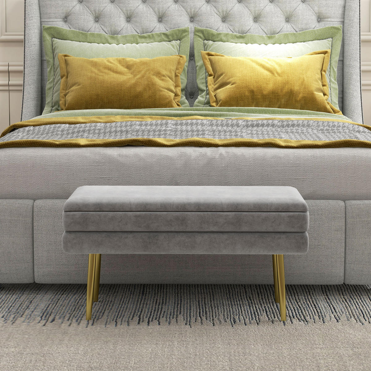 TRUHENBANK DE-16420 2-in-1 mit Stauraum und Samtbezug Grau/Gold - Grau, Textil (79.5/43/37.5cm) - ComfortXL