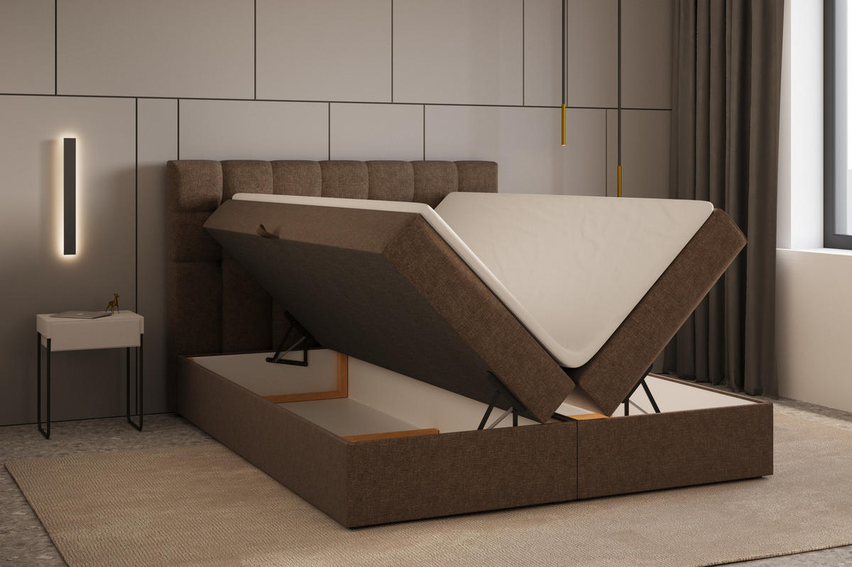 BOXBETT - Bett 05 OSLO - Hugo - 180x200 cm - mit Bettkasten und Waschbarem Topper - Braun, Holz (180/200cm) - ROYAL24_MARKT