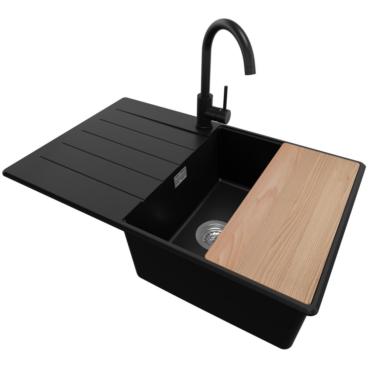 GRANITSPÜLE Kopenhagen, 2-er set Schwarz 78/50 cm 1 Becken + Küchenarmatur 32/20 cm + Ablauf-Set + Schneidebrett ab 50er Unterschrank - Chromfarben/Beige, Kunststoff (78/20/50cm) - Primagran