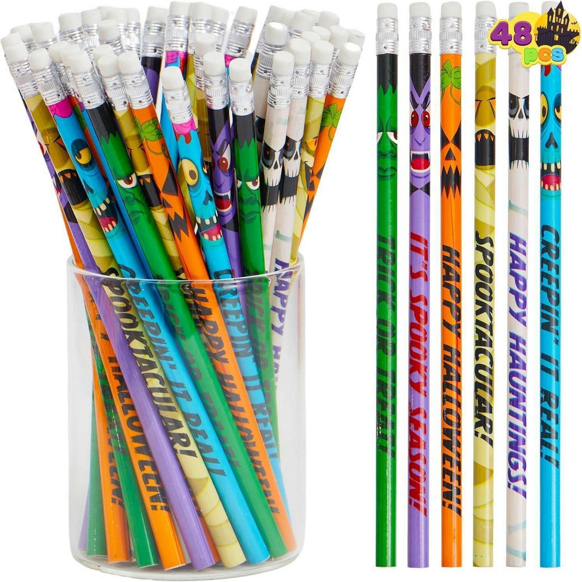 HOLZBLEISTIFTE 48-teiliges Set Halloween-Motive mit Radiergummis - Multicolor, Holz