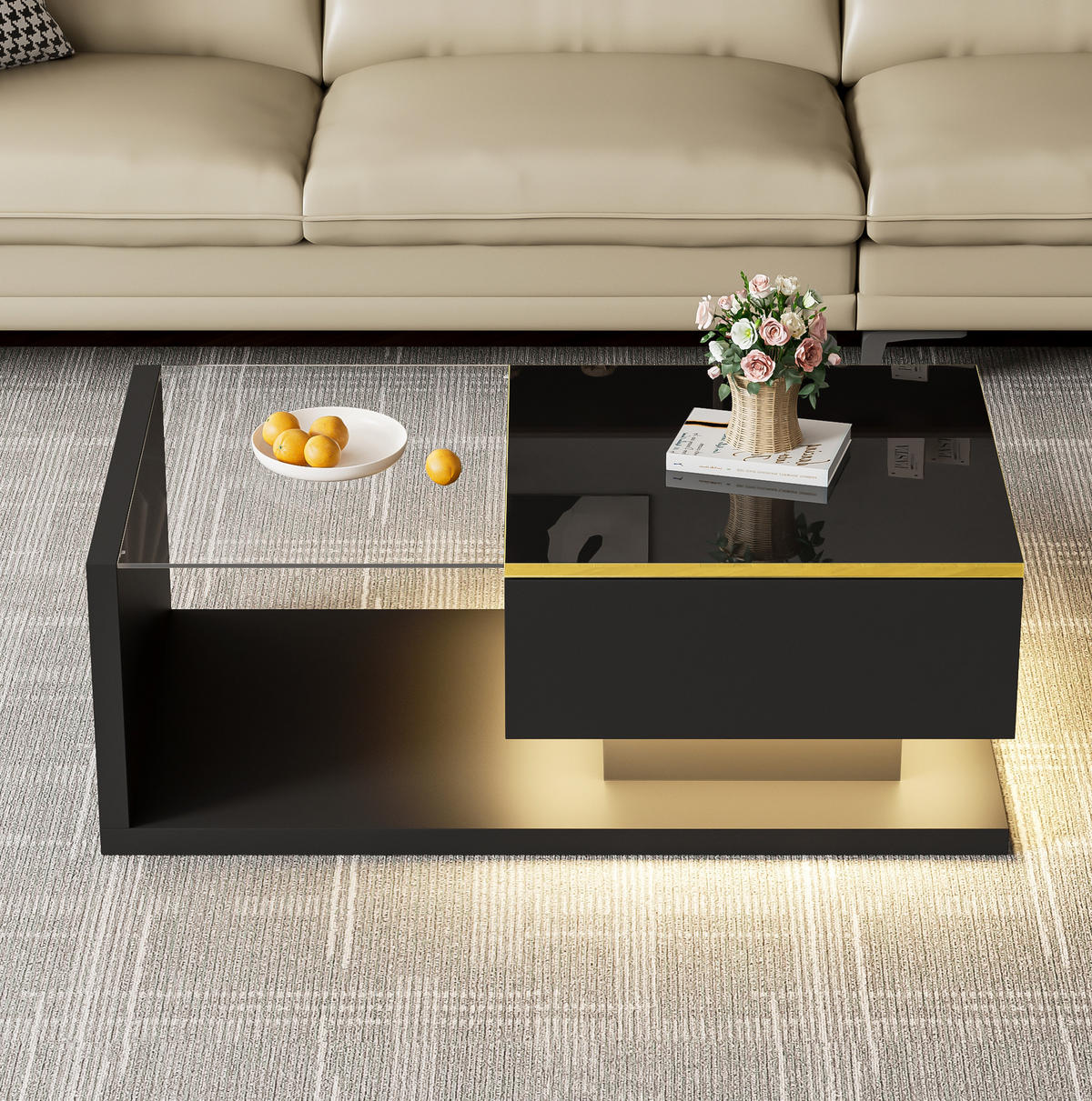 COUCHTISCH 90/50/32,5 cm in Hochglanz-Schwarz mit Glas und LED-Beleuchtung - Schwarz, Holzwerkstoff (90/50/32.5cm) - Flora Grace