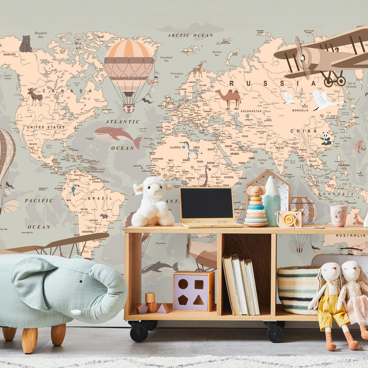 FOTOTAPETE für Kinderzimmer Retro Weltkarte Balony Flugzeuge 500x350 - Beige/Orange, Papier (500/350cm) - Muralo